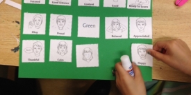Hands glueing small drawings of faces onto a piece of construction paper